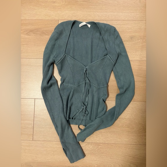 OAK + FORT Sweaters - Oak and Fort Ribbed Tie-Front Long Sleeve Top - Teal (S)